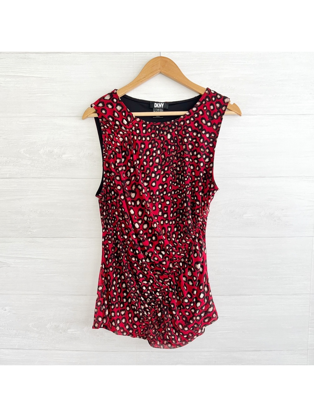 DKNY Womens XL Red Animal Print Ruched Mesh Sleeveless Stretch Blouse Top